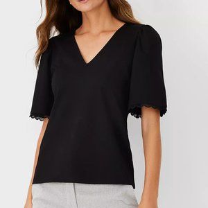Black Ann Taylor Scalloped Puff Sleeve tee- NWT size XL